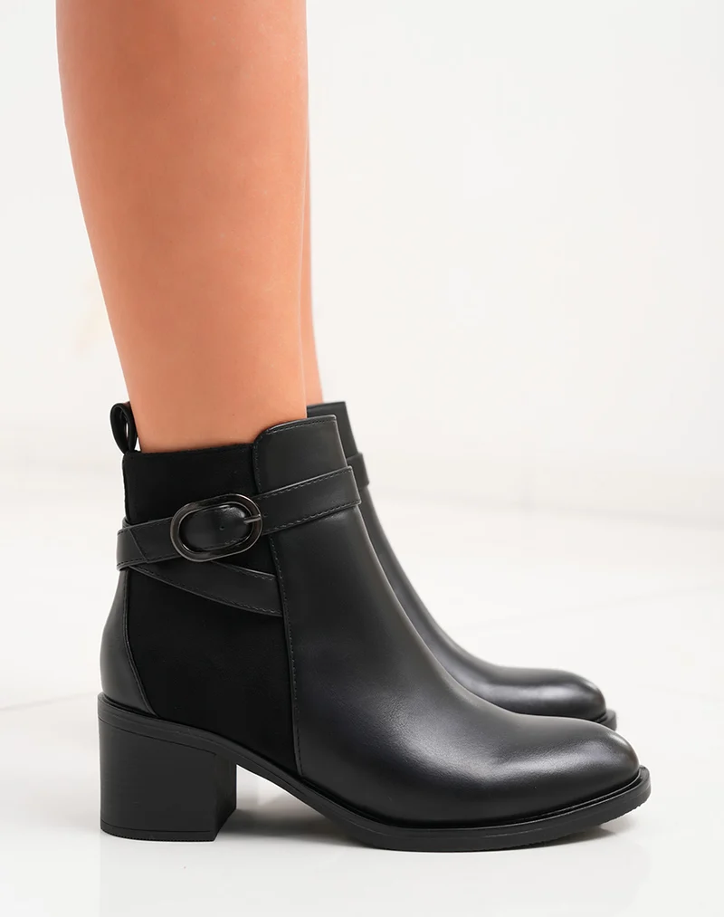 Bottines femme noires bi-matières à talon carré et boucle anthracite