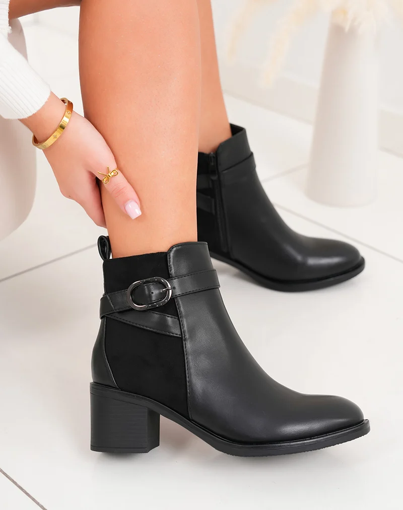 Bottines femme noires bi-matières à talon carré et boucle anthracite