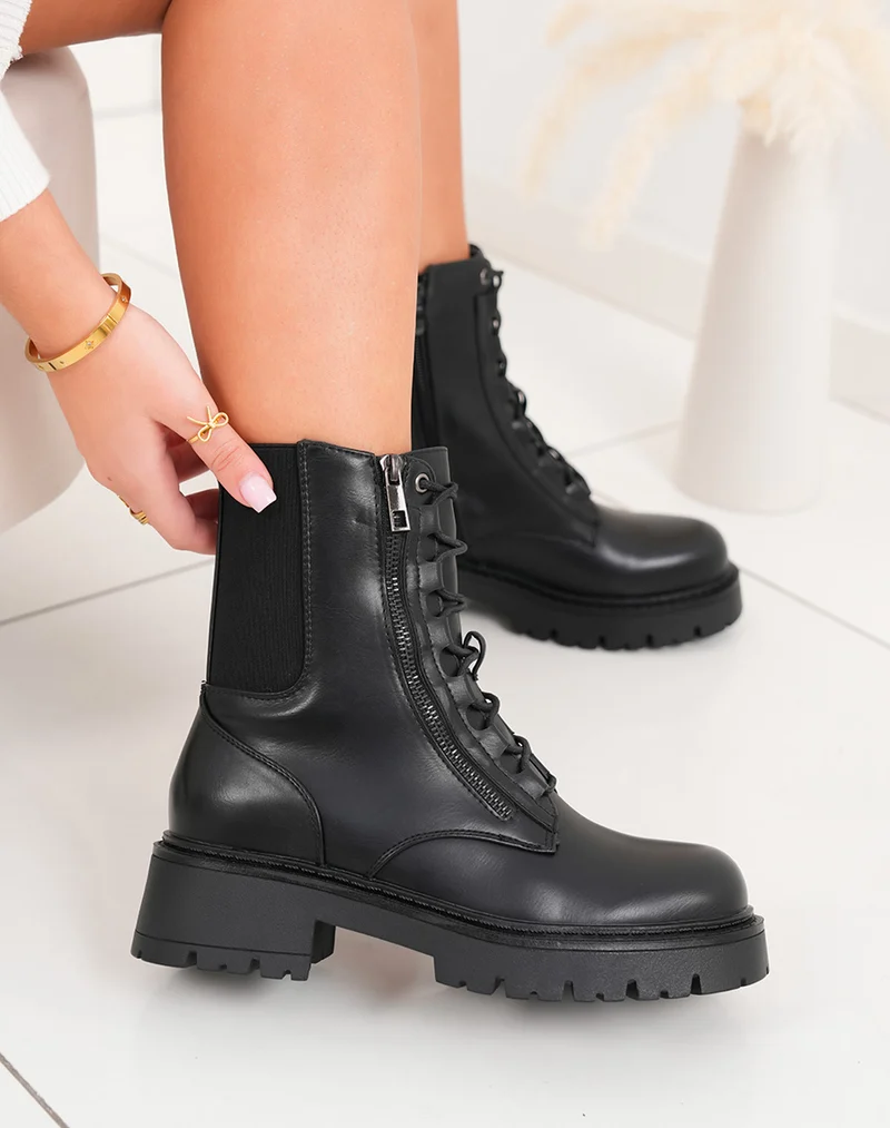 Bottines femme noires à lacets et zip avec plateforme crantée