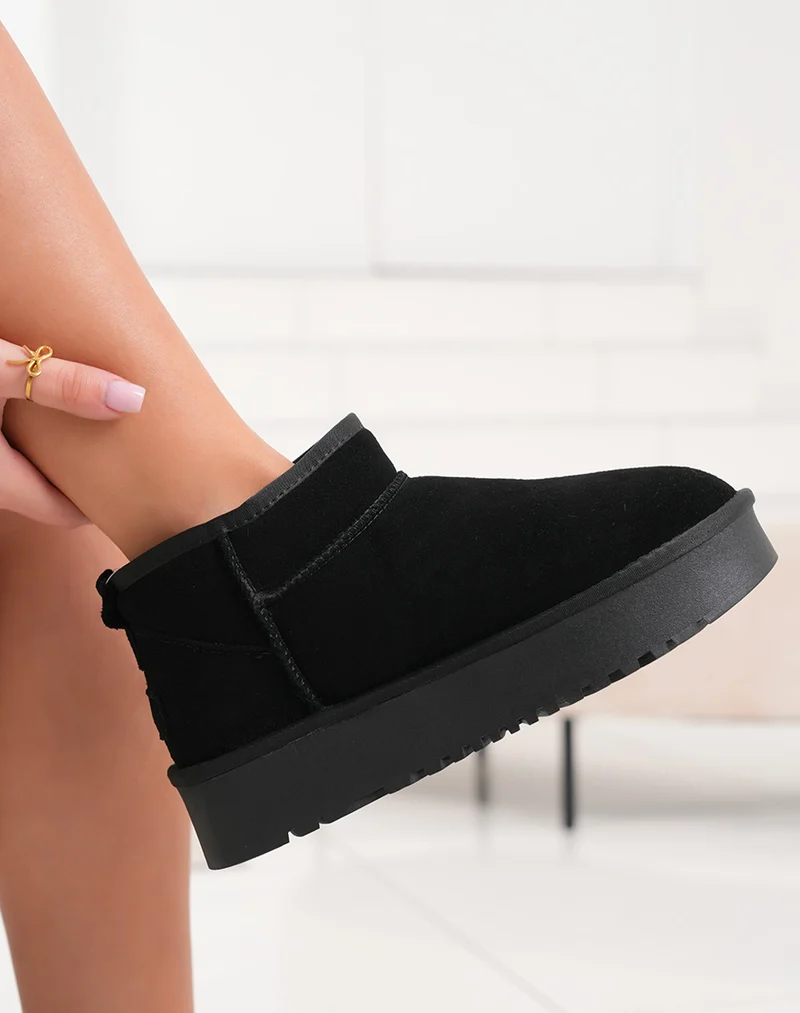 Bottines femme basses en cuir noir fourrées avec plateforme