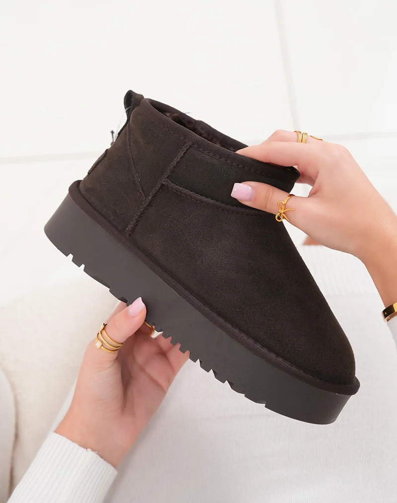 Bottines femme basses en cuir marron fourrées avec plateforme