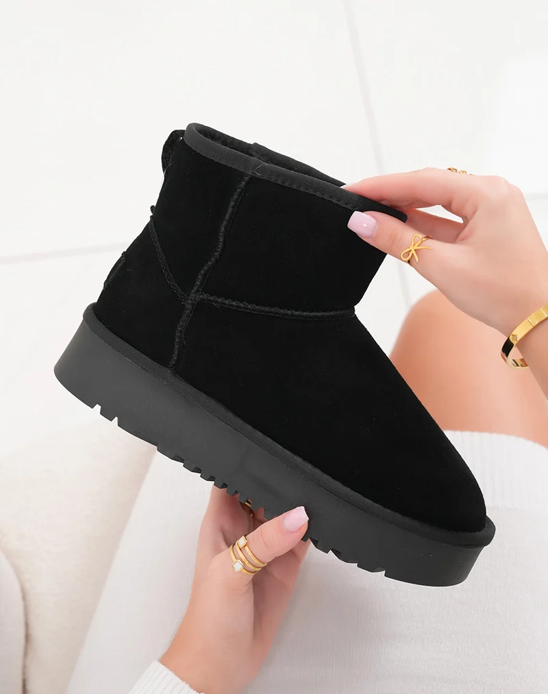 Bottines femme mi-hautes en cuir noir fourrées avec plateforme