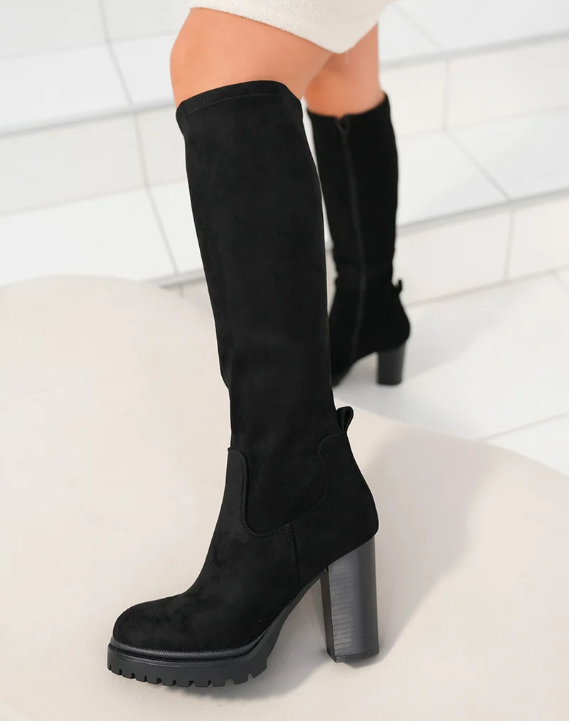 Bottes femme en suédine noires avec talon haut épais et semelle crantée