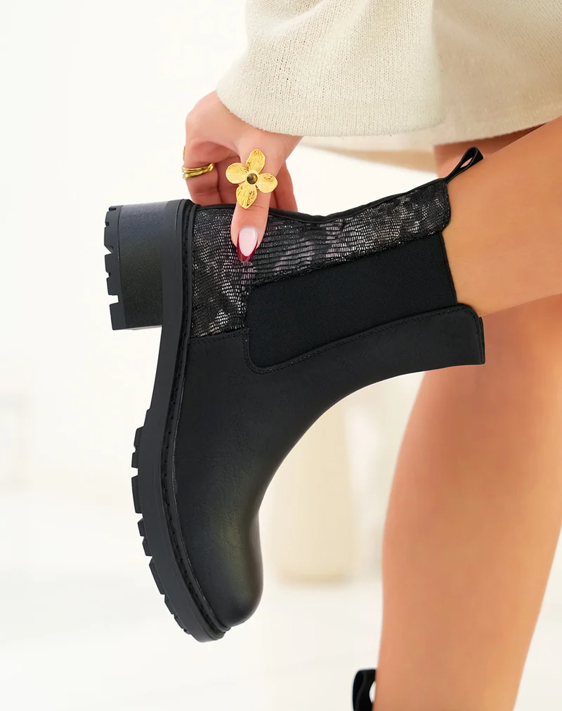Bottines femme noires bi-matière avec effet crocodile et élastique
