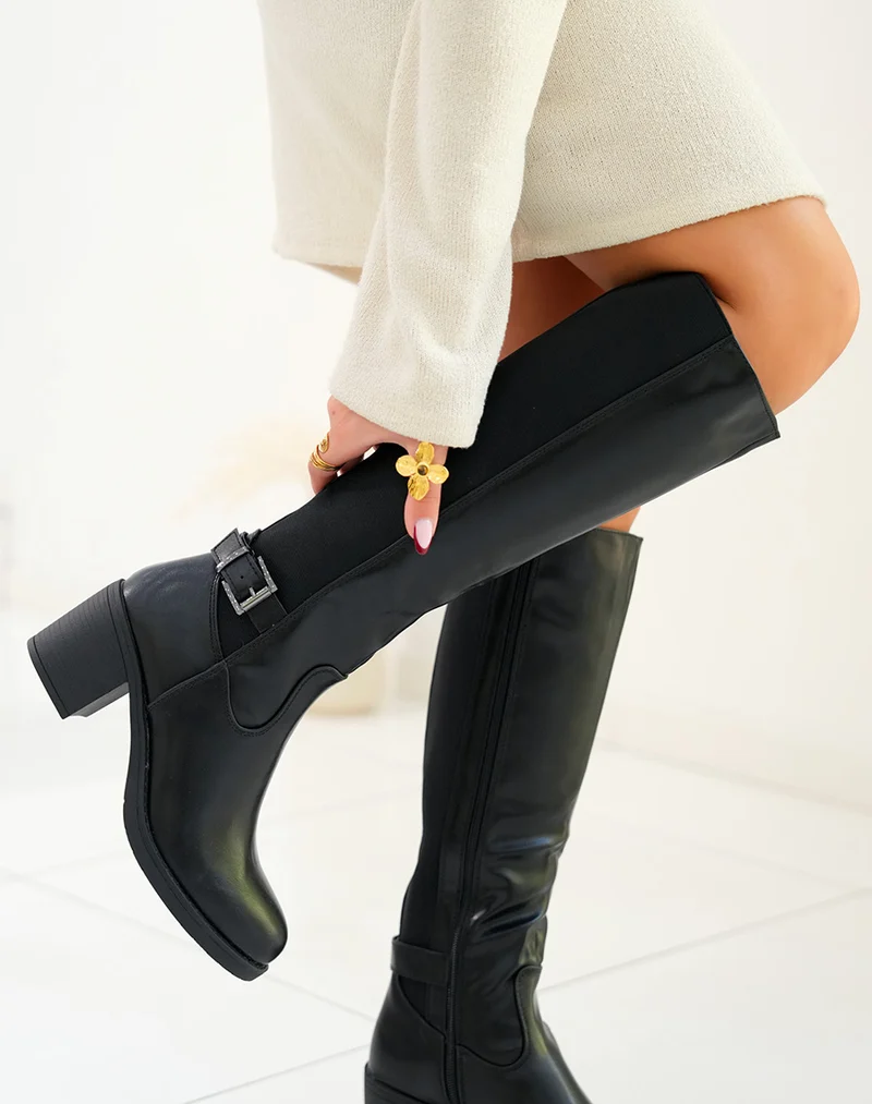 Bottes femme noires avec tige élastique et détail argenté