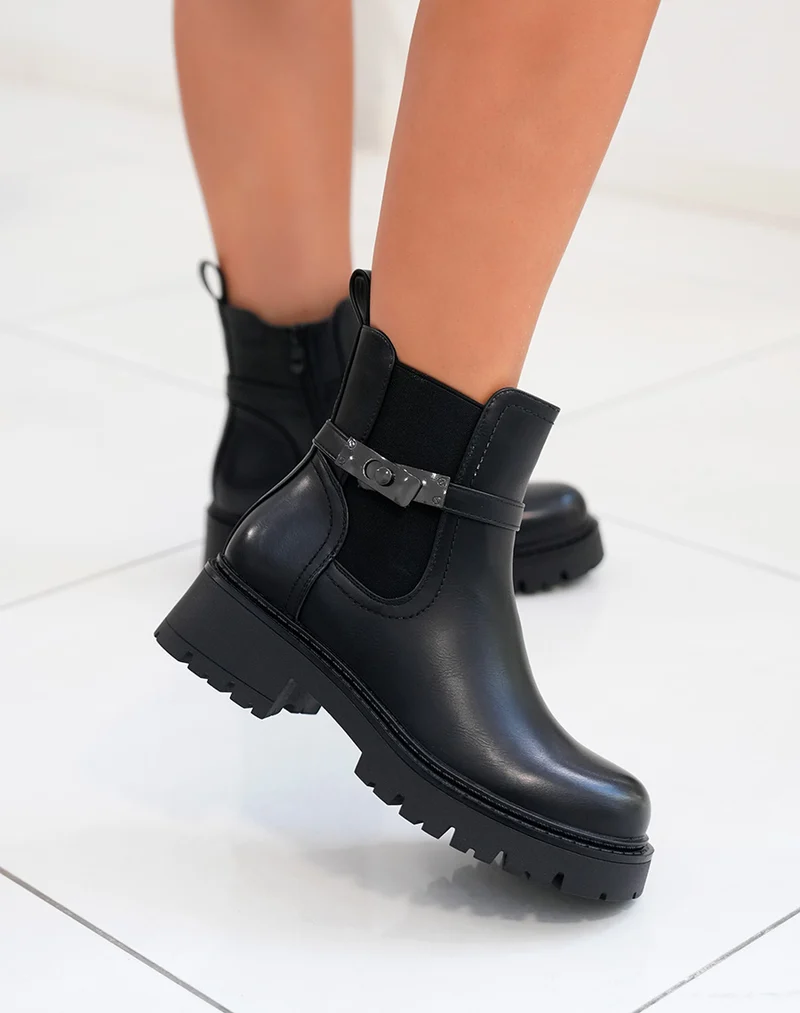 Bottines femme noires avec sangle et détail gris anthracite