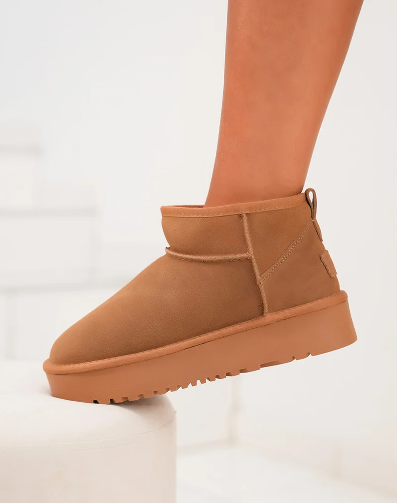 Bottines femme camel en cuir basses à plateforme épaisse fourrées et tendance