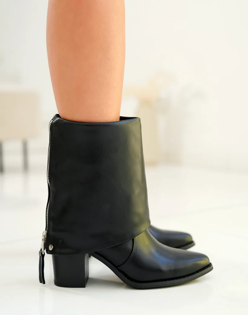 Bottines femme noires à revers avec bout pointu et talon épais