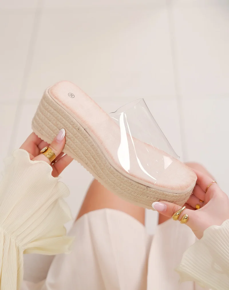 Mules compensées femme transparentes avec semelle effet corde tressée