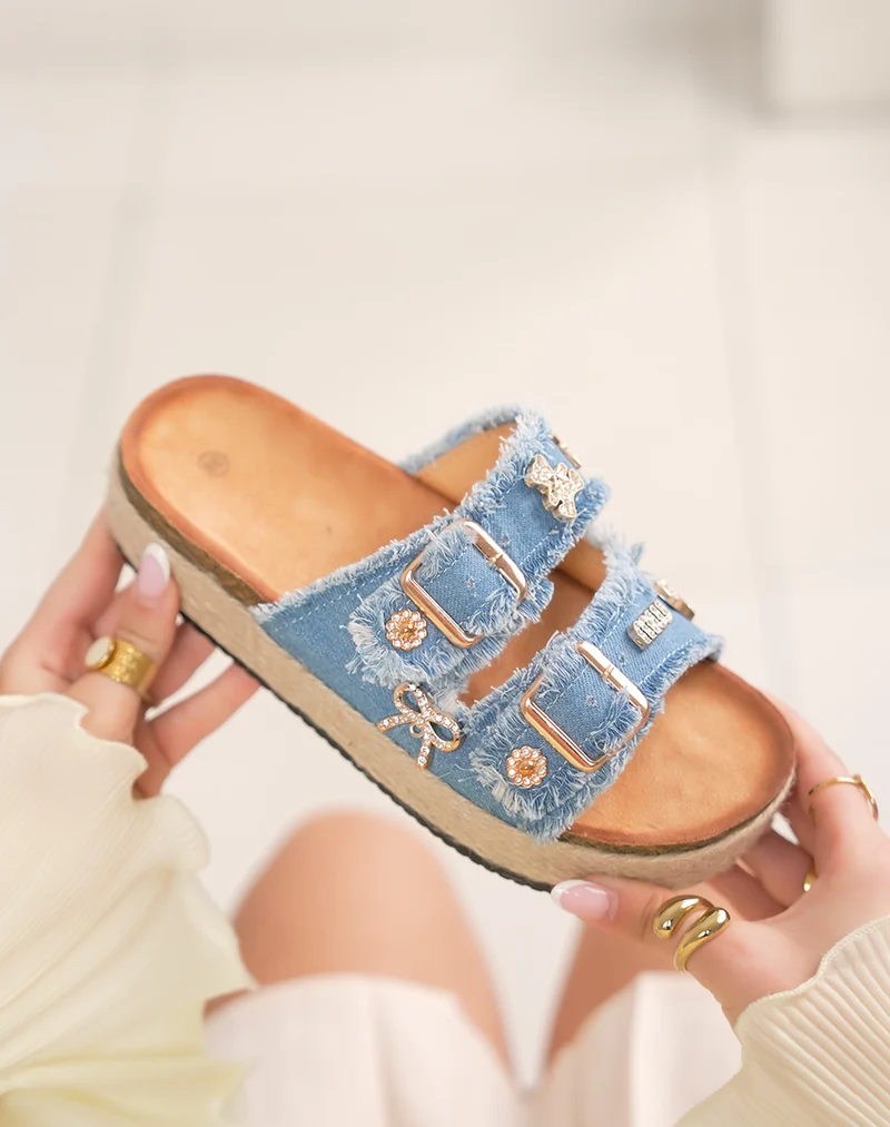 Mules femme jean bleu clair tendance avec strass et semelle tressée