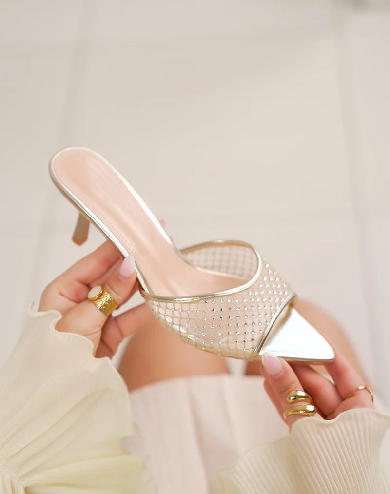 Escarpins femme dorés à strass – ouverts, élégants, avec talon fin