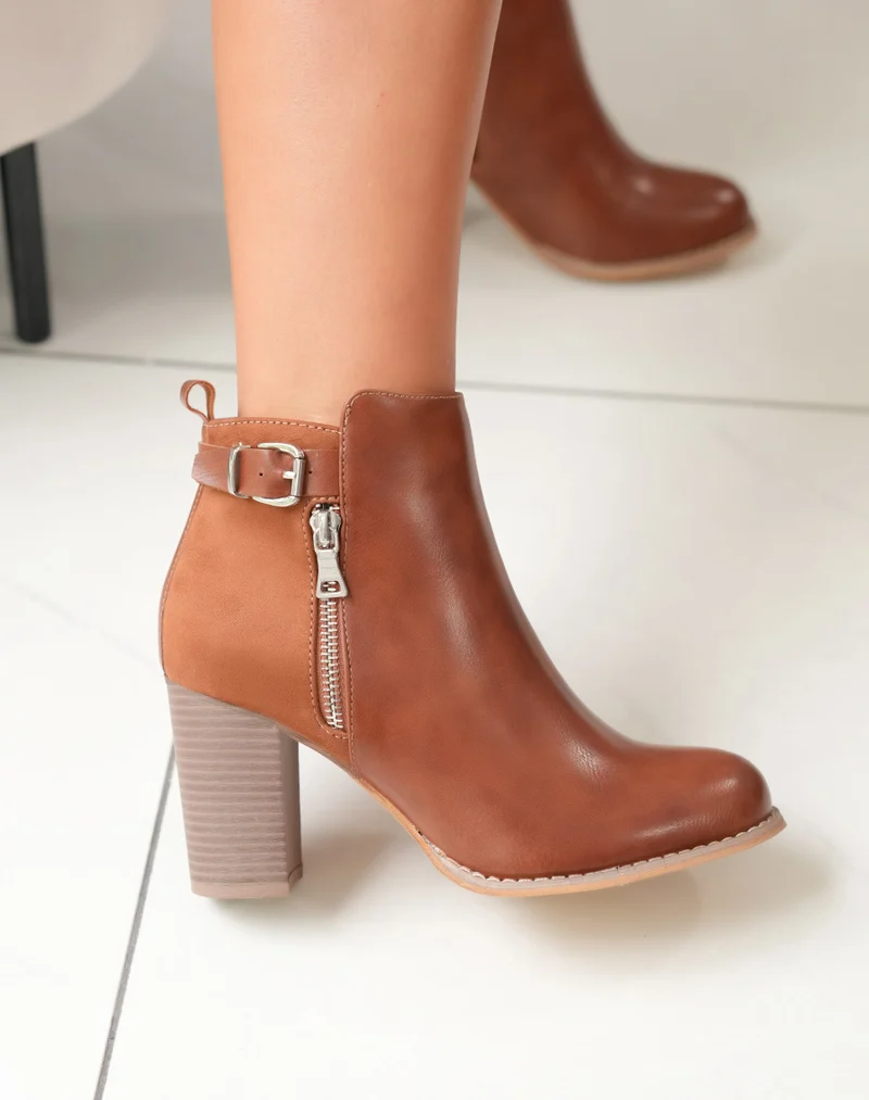 Bottines à talons camel bi matières avec sangle