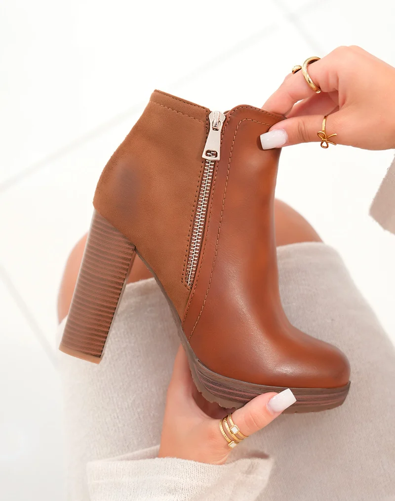 Bottines à talons camel bi matières