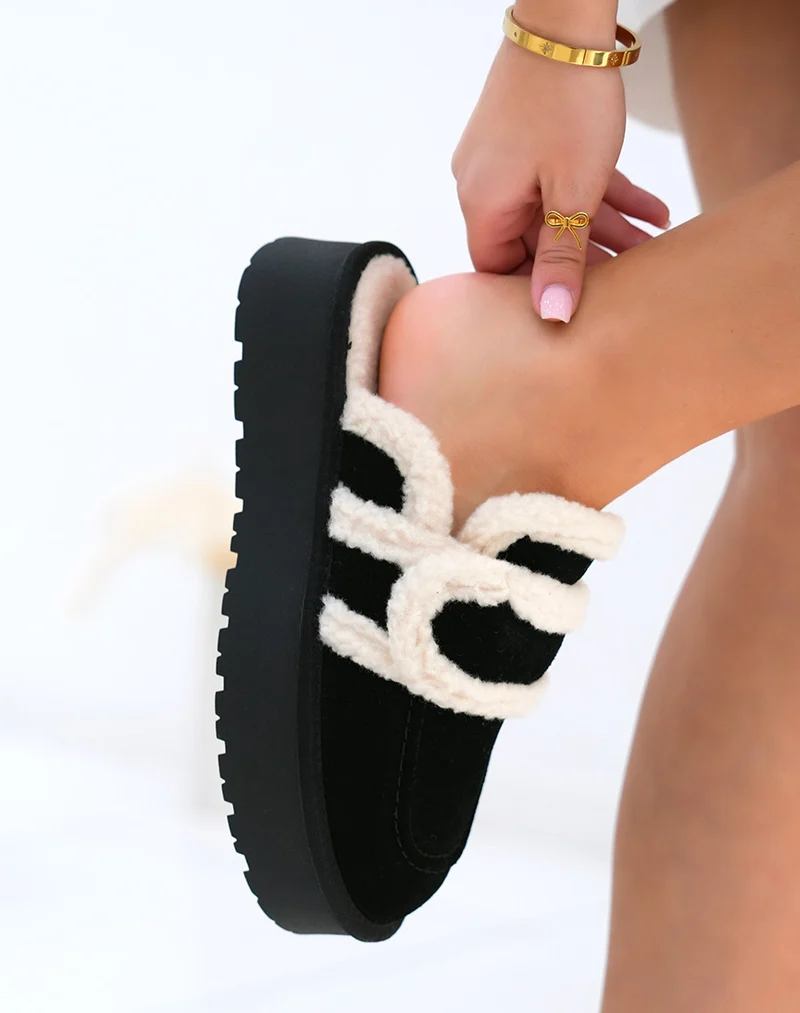 Mules femme noires en suédine cuir fourrée à plateforme et semelle crantée