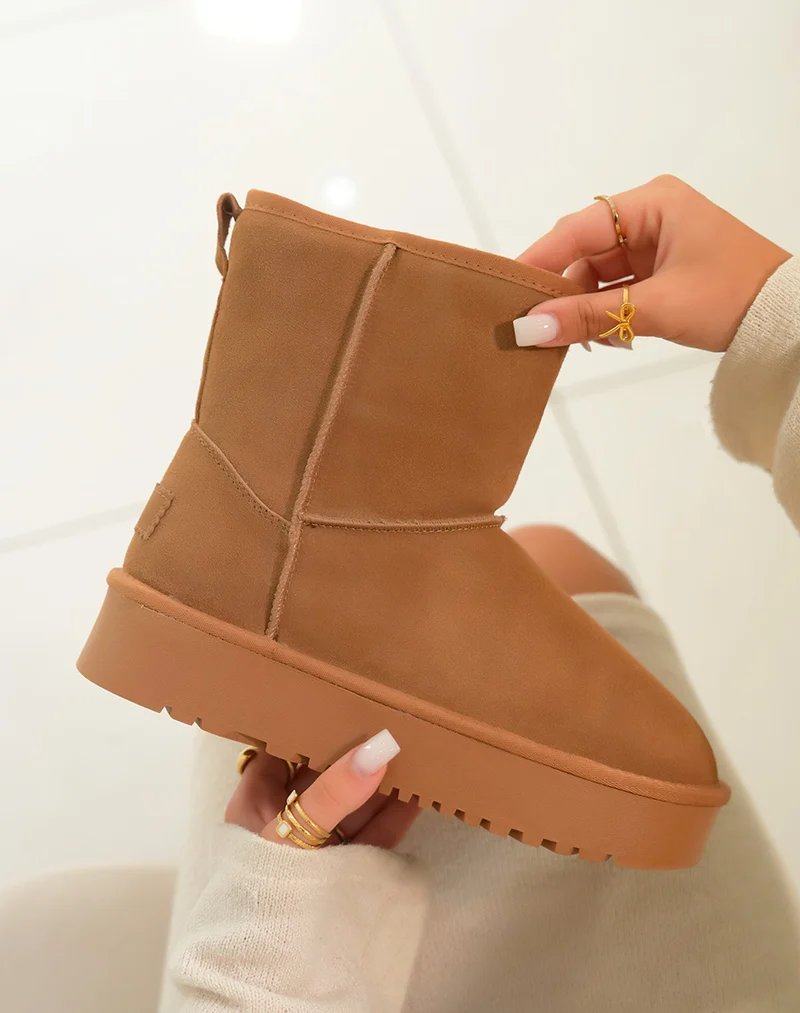 Bottines femme camel en cuir à plateforme épaisse fourrées et tendance