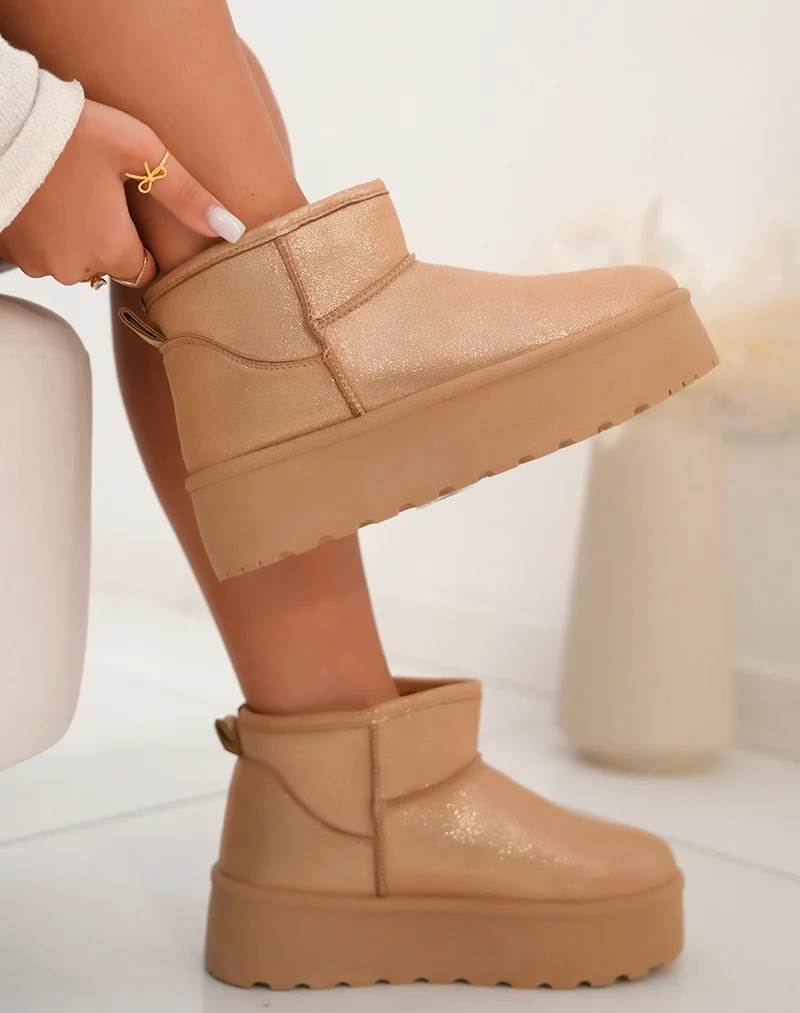 Bottines femme camel métallisé rosegold tendance avec grosse plateforme et intérieur fourré