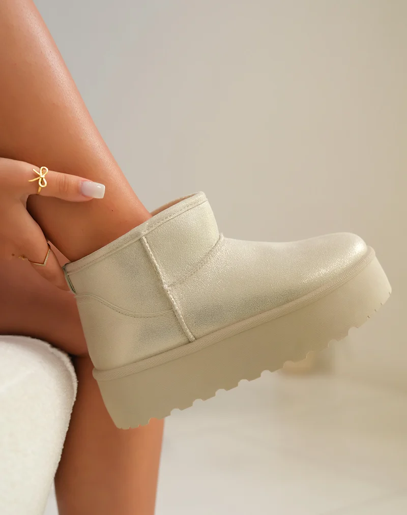 Bottines femme beige métallisé tendance avec grosse plateforme et intérieur fourré