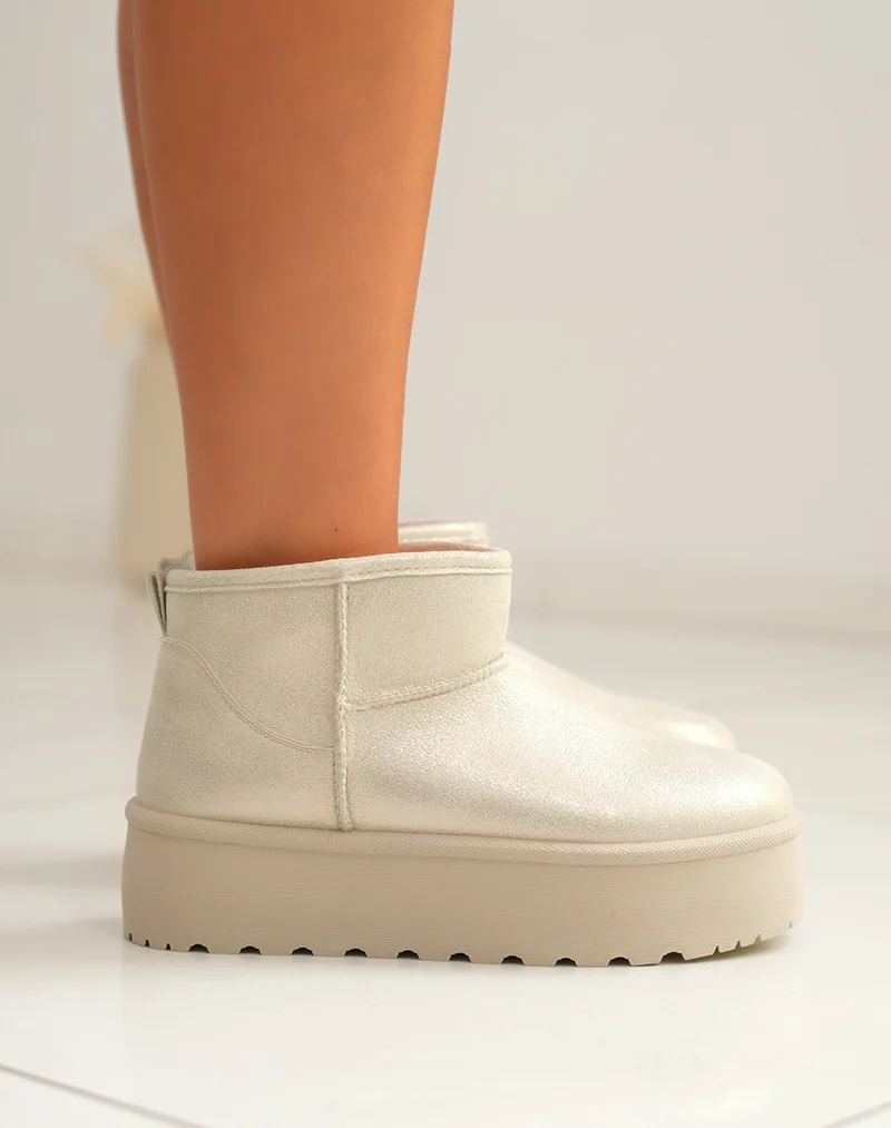Bottines femme beige métallisé tendance avec grosse plateforme et intérieur fourré