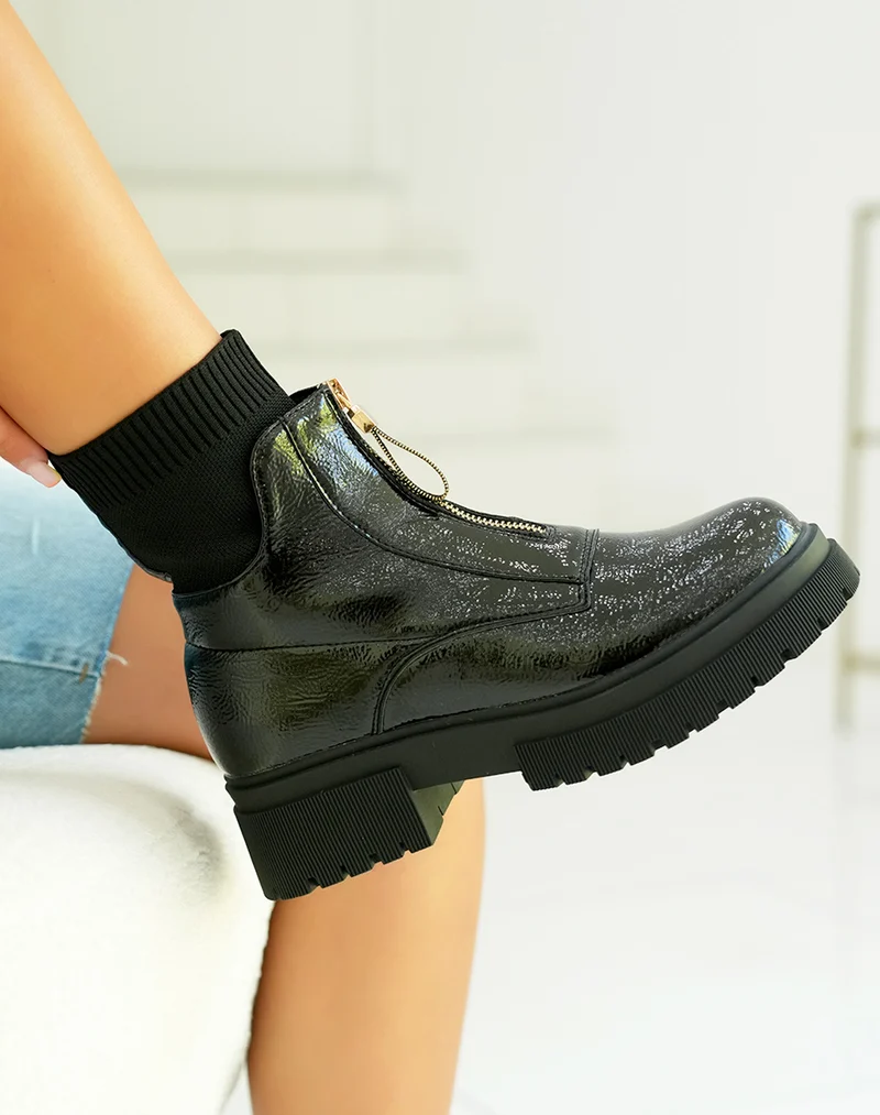 Bottines femme noires vernies tendance avec fermeture zippée