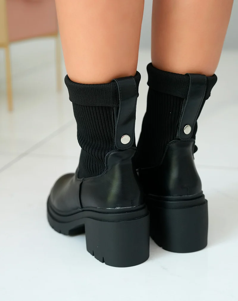 Bottines Chelsea Noires Bi-Matière à Talon Épais pour Femme