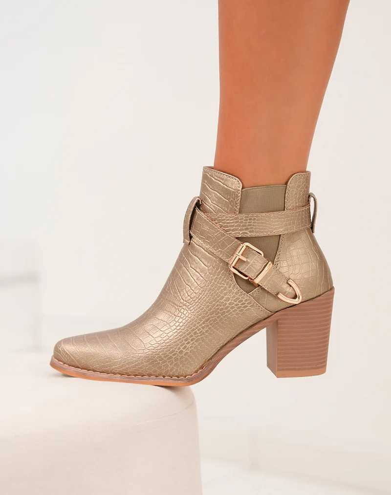 Bottines Femme à talon doré motif serpent et détails croisés