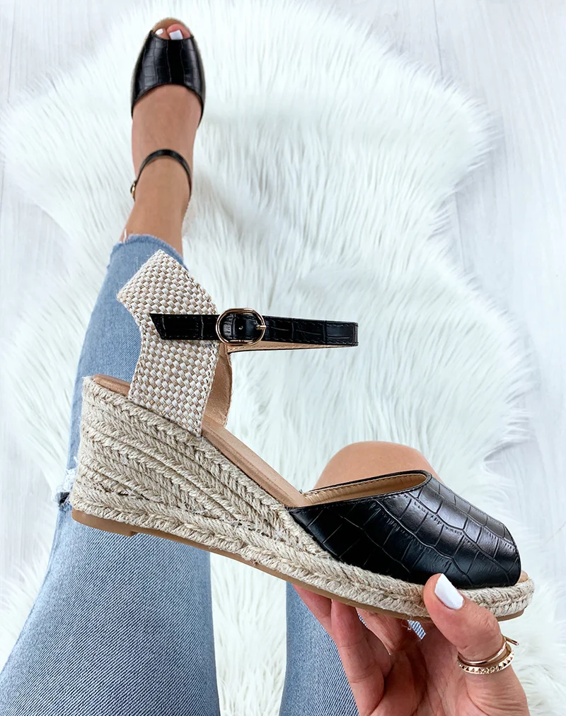 Sandales espadrilles compensées noires effet croco et corde