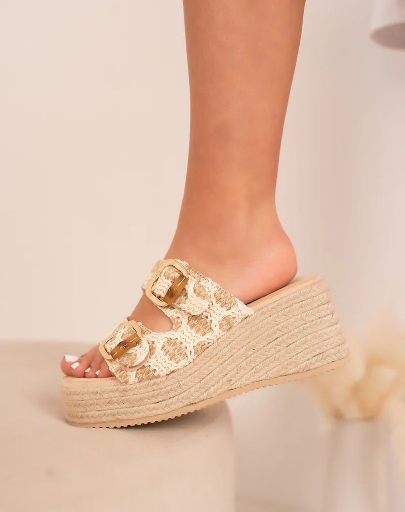 Mules femme compensées effet corde beige avec brides tressées et boucles dorées