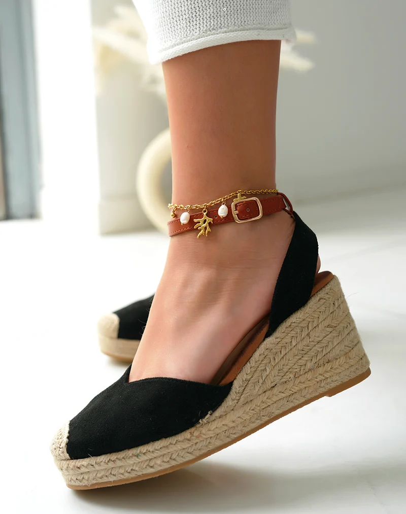 Espadrilles compensées femme en suédine noire avec lanière ajustable camel