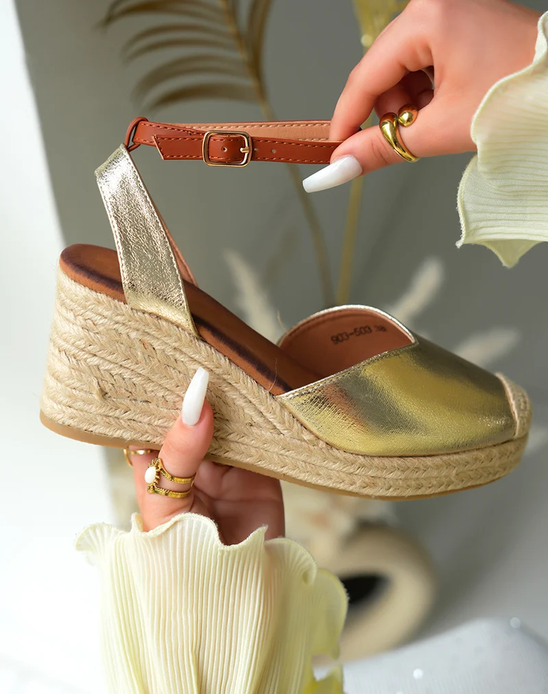 Espadrilles compensées femme dorées avec lanière ajustable camel