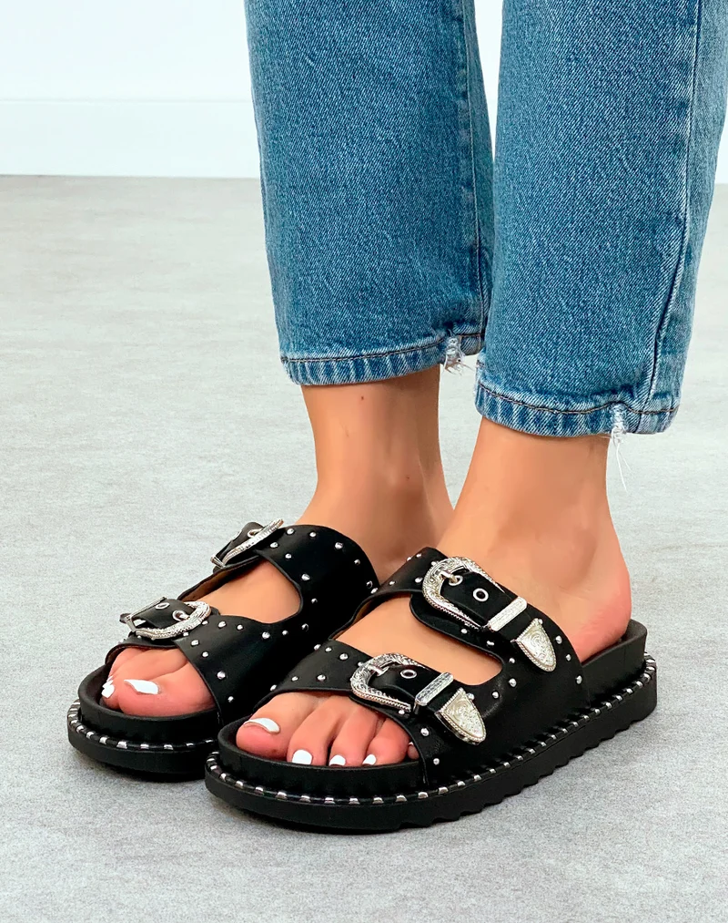 Mules Femme Noires Cloutées à Double Sangles et Semelle Épaisse Tendance