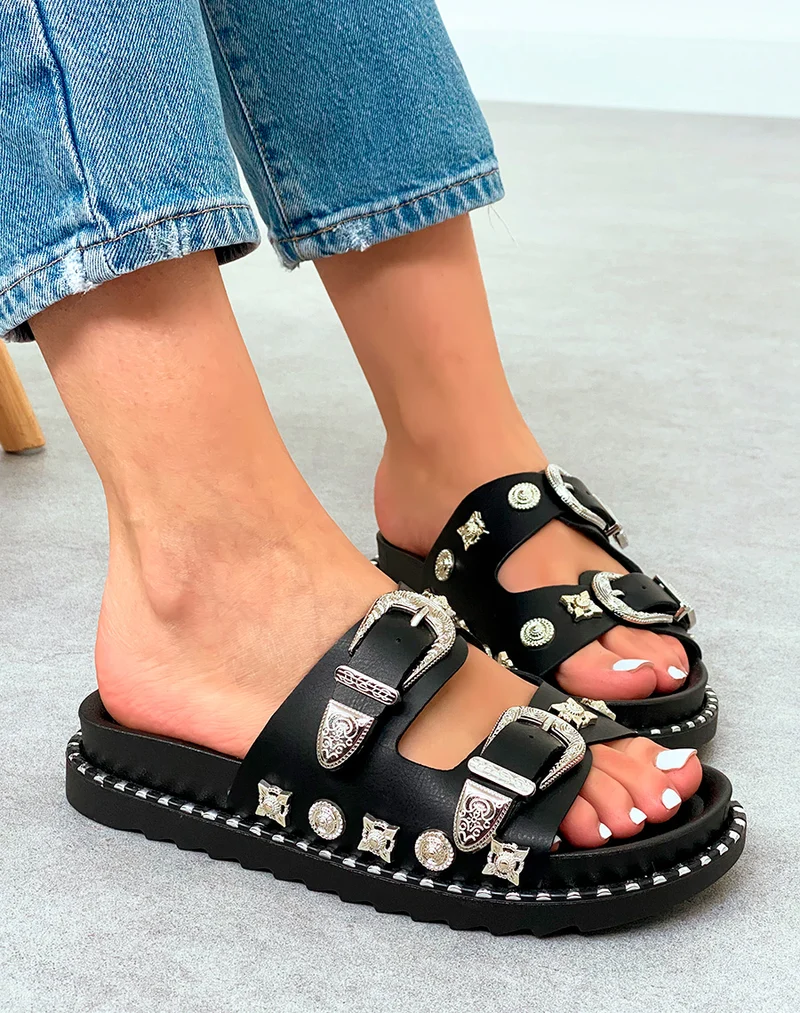 Mules Femme Noires Cloutées à Sangles Bijoux Argentées et Plateforme Crantée