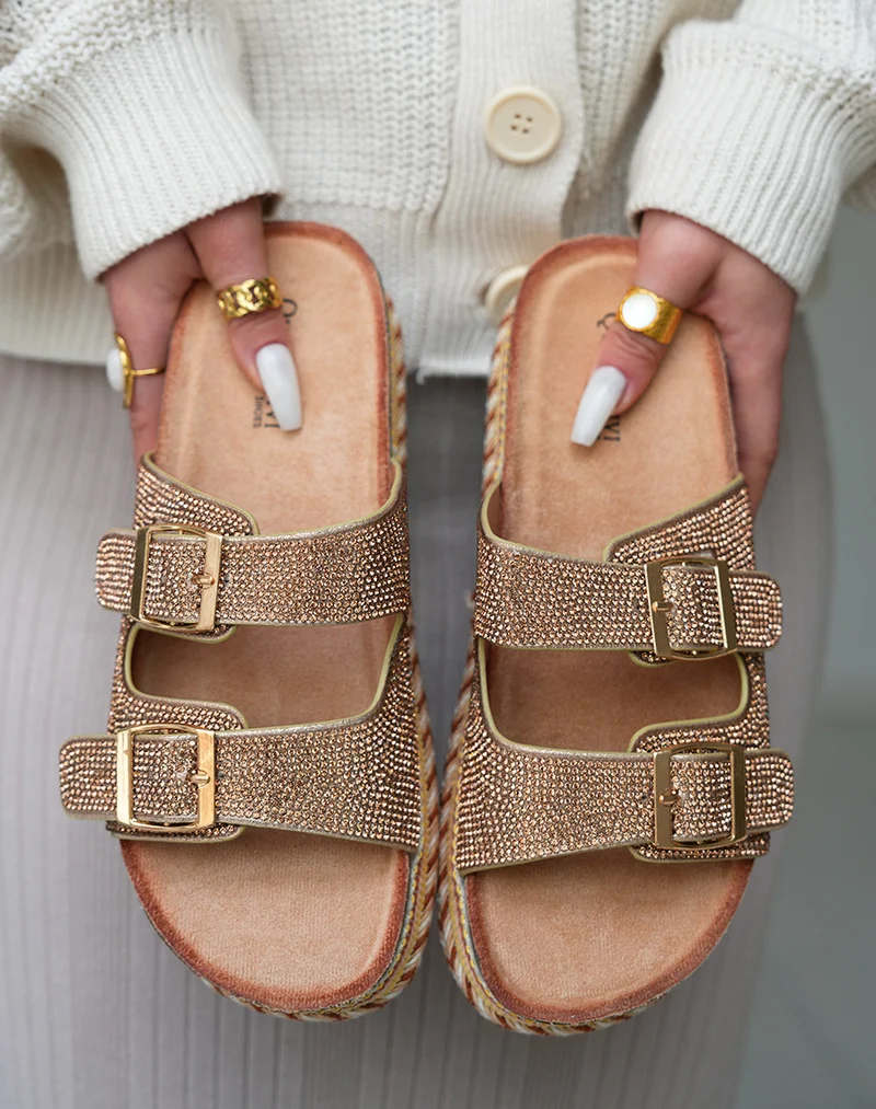 Mules Plateforme Femme Rose Gold Scintillantes avec Détails Tissés Multicolores