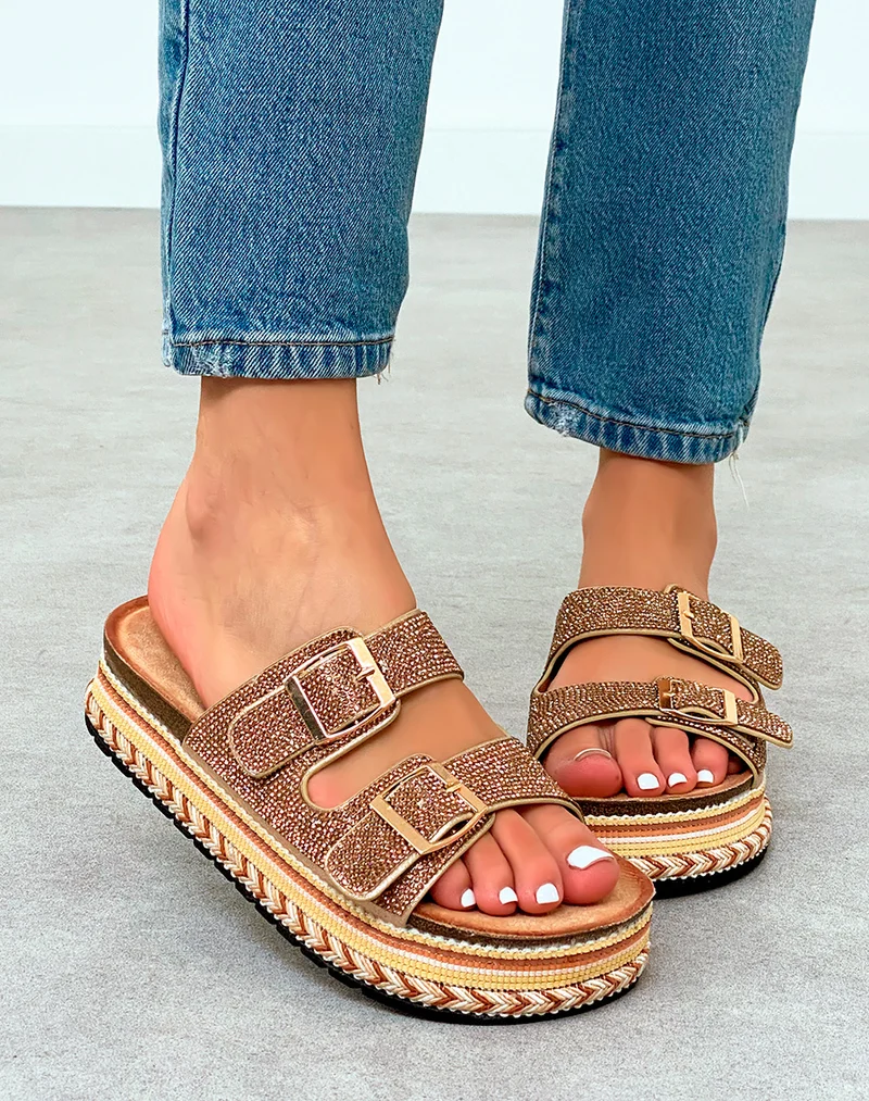 Mules Plateforme Femme Rose Gold Scintillantes avec Détails Tissés Multicolores