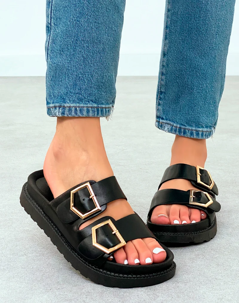 Sandales Mules Femme Noires Élégantes à Double Sangle et Détails Dorés