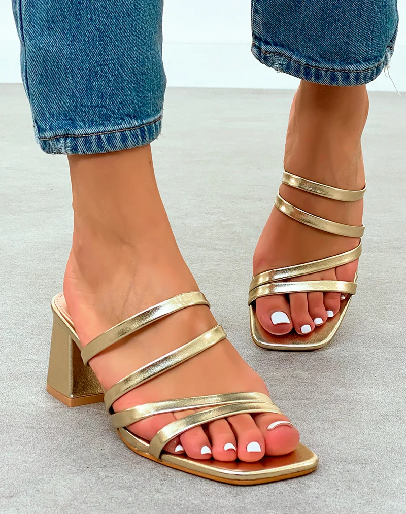 Mules Doré Femme à talon moyen avec plusieurs brides entrecroisés