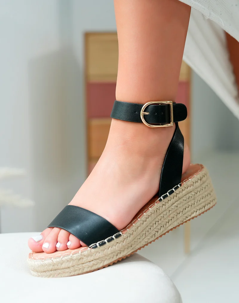 Sandales Femme Noires à Bride Chic et Talon Compensé Esprit Été