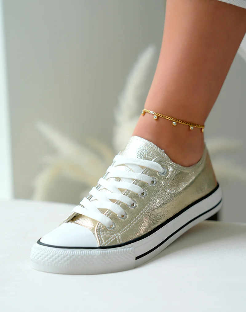 Baskets dorées pailletée basses à lacets blancs pour femme