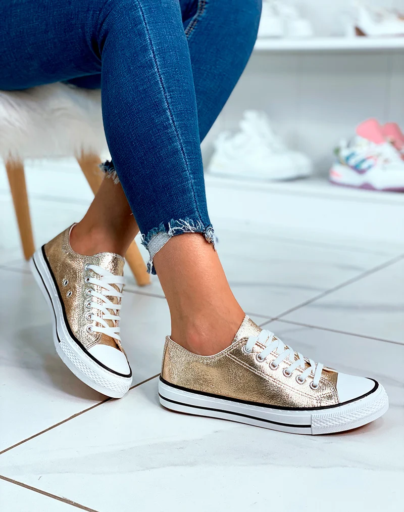 Baskets dorées pailletée basses à lacets blancs pour femme