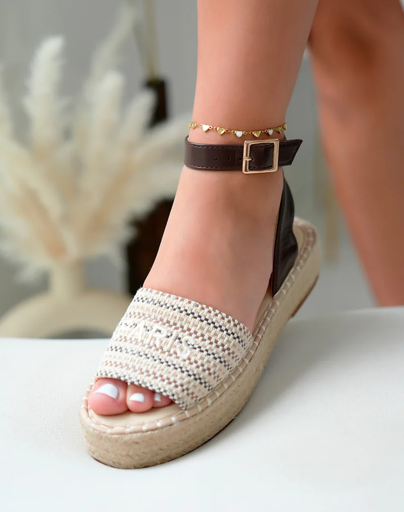 Sandales femme compensées effet tissé beige et marron avec lanière ajustable