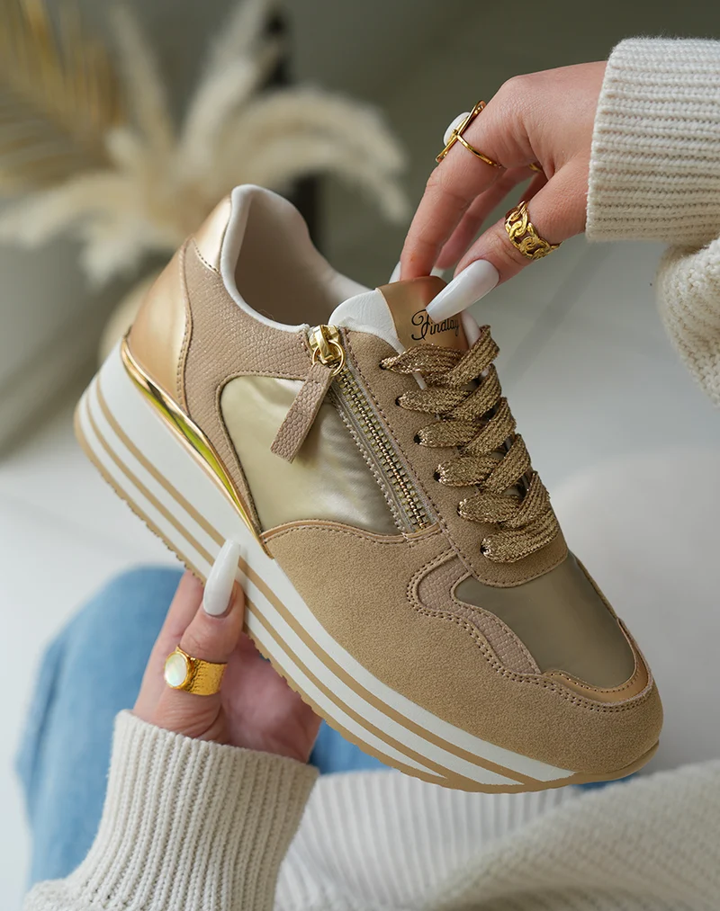 Baskets Femme Beige Métallisé Plateforme Dorée Chic