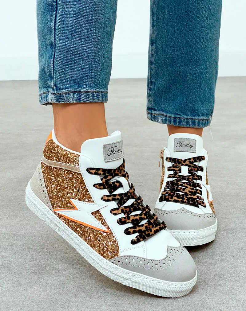 Baskets Montantes Femme Beige Glamour à Paillettes et Lacets Léopard