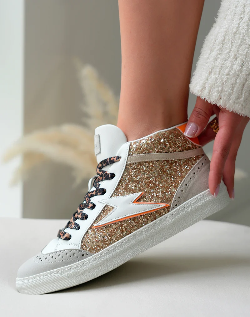 Baskets Montantes Femme Beige Glamour à Paillettes et Lacets Léopard