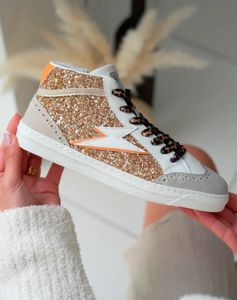 Baskets Montantes Femme Beige Glamour à Paillettes et Lacets Léopard