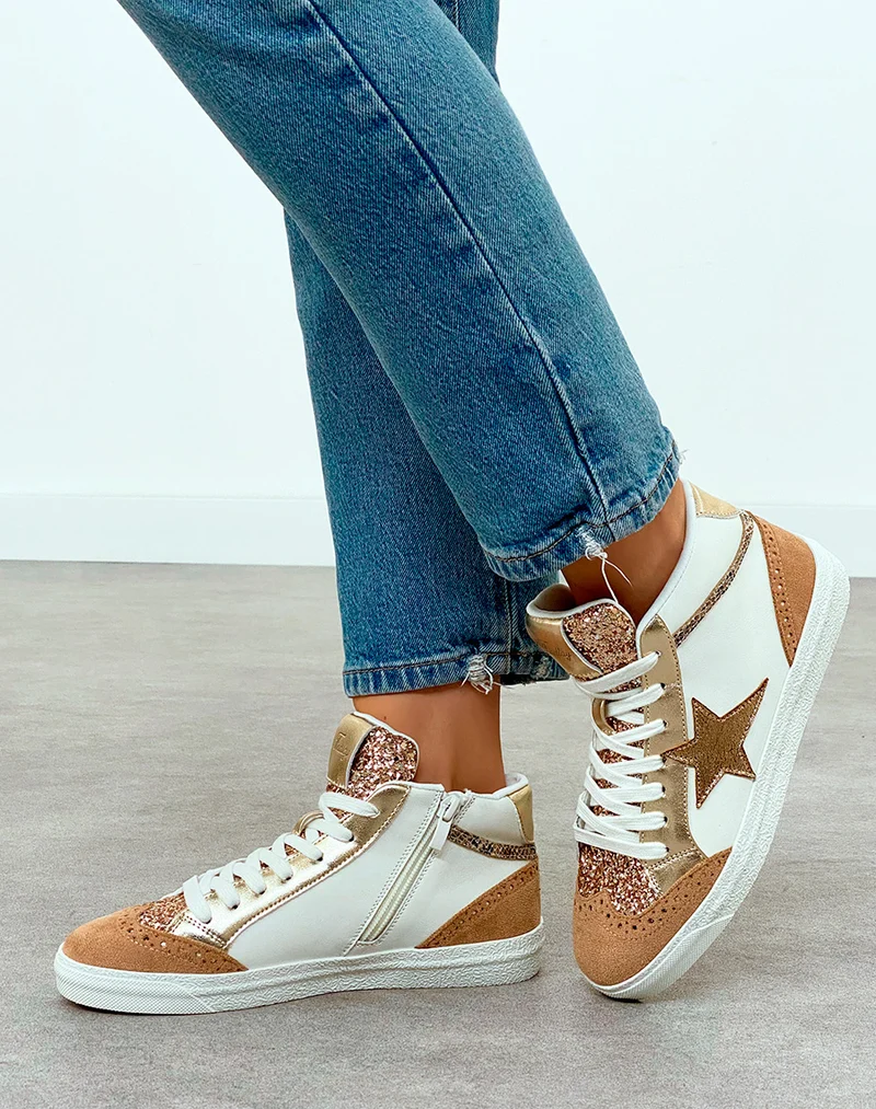 Baskets Montantes Femme Beige Nuancé Tendance avec Paillettes et Étoile Dorée