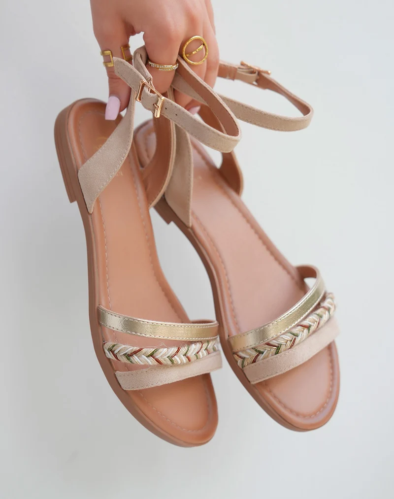 Sandales Femme plates en suédine beige à détail corde et doré
