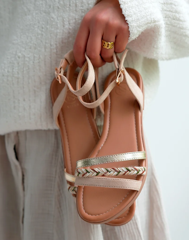 Sandales Femme plates en suédine beige à détail corde et doré