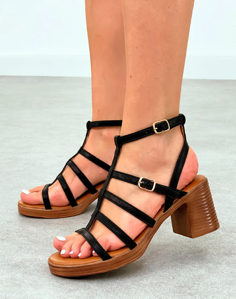 Sandales Femme Noires à Talon Bloc Marron - Confortables et Tendance avec Brides Multiples