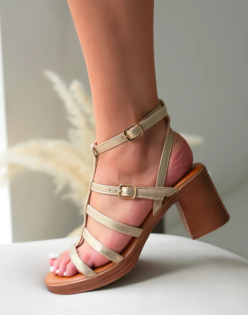 Sandales Femme Dorées à Talon Marron - Chic et Confort avec Brides Scintillantes