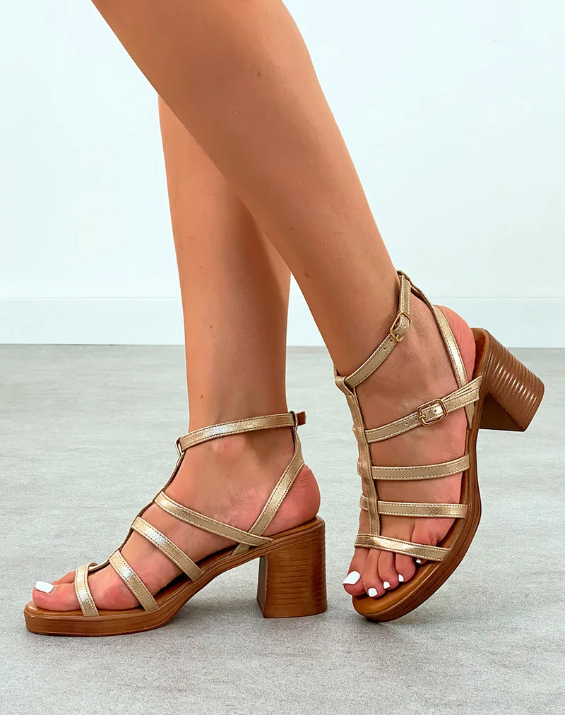 Sandales Femme Dorées à Talon Marron - Chic et Confort avec Brides Scintillantes