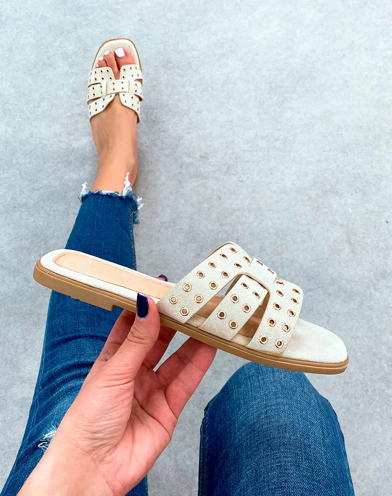 Mules en suédine beige à détails dorées pour femme
